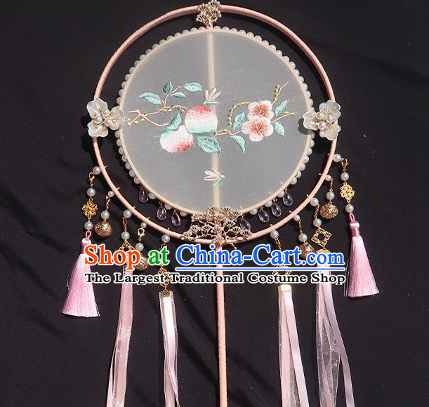China Traditional Hanfu Embroidered Peach Blossom Circular Fan Classical Wedding Fan Handmade Pink Tassel Palace Fan