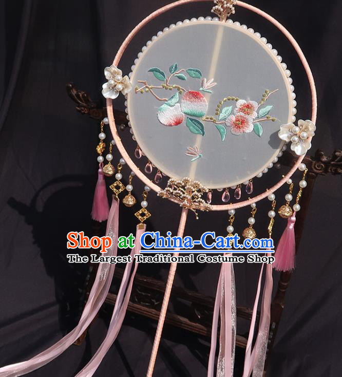 China Traditional Hanfu Embroidered Peach Blossom Circular Fan Classical Wedding Fan Handmade Pink Tassel Palace Fan