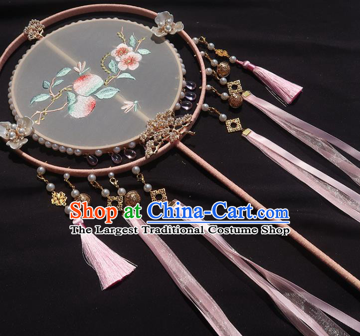 China Traditional Hanfu Embroidered Peach Blossom Circular Fan Classical Wedding Fan Handmade Pink Tassel Palace Fan