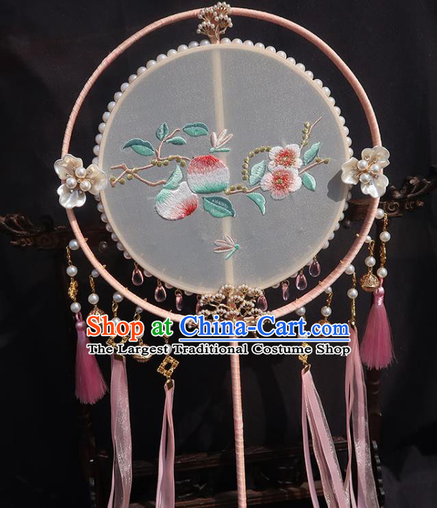 China Traditional Hanfu Embroidered Peach Blossom Circular Fan Classical Wedding Fan Handmade Pink Tassel Palace Fan