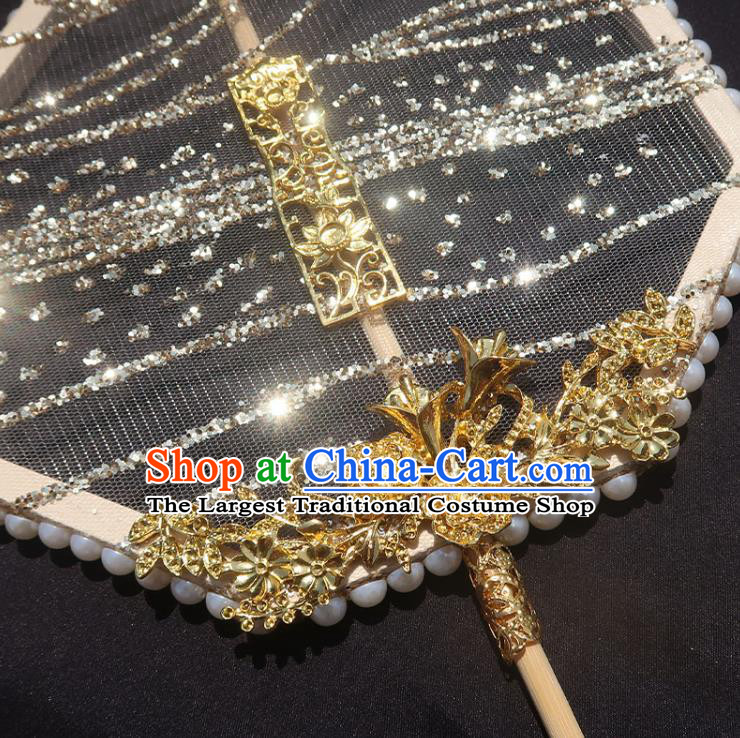 China Handmade Drilling Palace Fan Traditional Hanfu Silk Fan Classical Wedding Octagon Fan