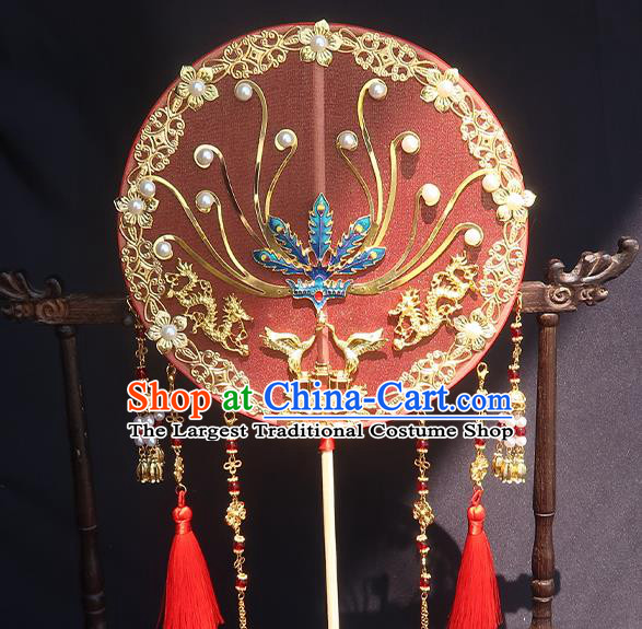 China Handmade Red Silk Palace Fan Traditional Hanfu Fan Classical Wedding Blueing Phoenix Circular Fan