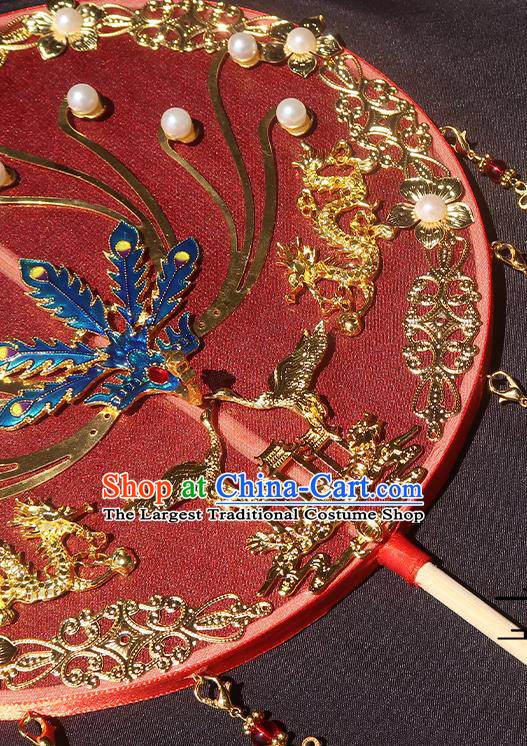 China Handmade Red Silk Palace Fan Traditional Hanfu Fan Classical Wedding Blueing Phoenix Circular Fan