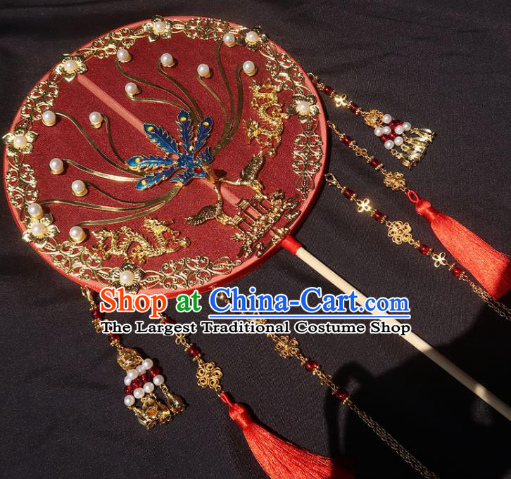 China Handmade Red Silk Palace Fan Traditional Hanfu Fan Classical Wedding Blueing Phoenix Circular Fan