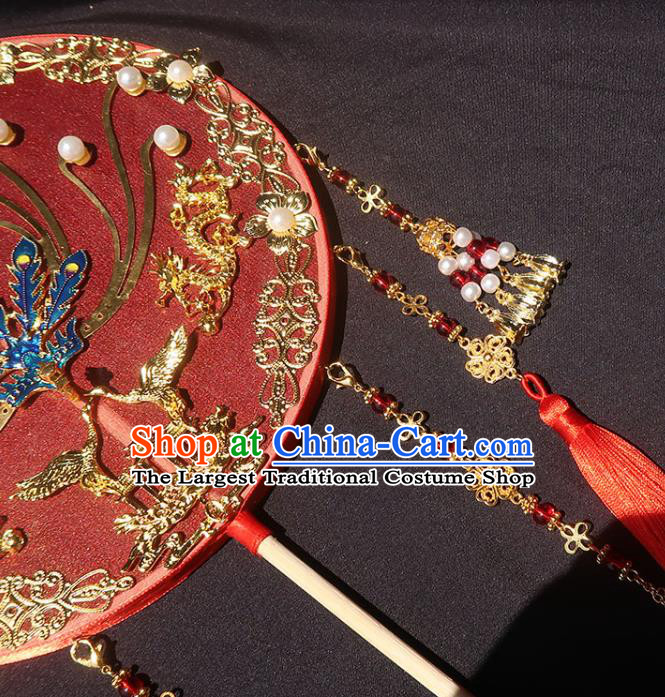 China Handmade Red Silk Palace Fan Traditional Hanfu Fan Classical Wedding Blueing Phoenix Circular Fan