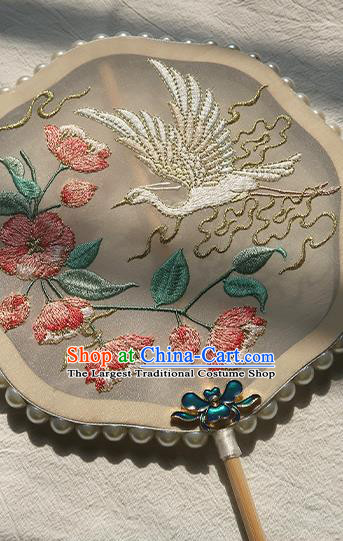 China Handmade Embroidered Peach Blossom Crane Palace Fan Traditional Hanfu Fan Classical Wedding Silk Fan