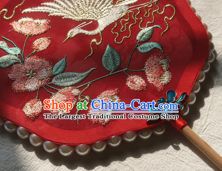 China Classical Wedding Red Silk Fan Handmade Embroidered Peach Blossom Crane Palace Fan Traditional Hanfu Fan