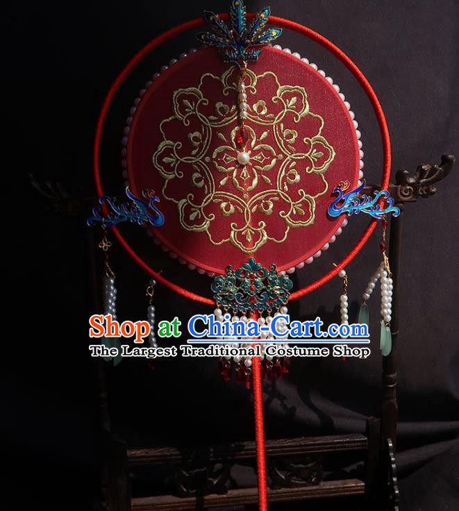 China Traditional Princess Hanfu Fan Handmade Embroidered Palace Fan Classical Wedding Red Silk Fan