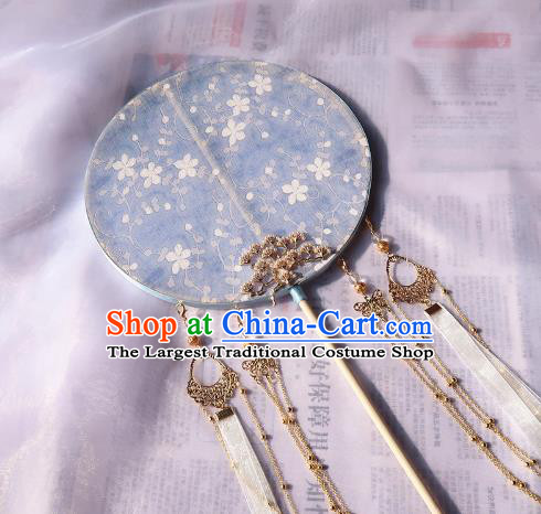 China Handmade Blue Silk Palace Fan Classical Wedding Circular Fan Traditional Ancient Princess Hanfu Fan