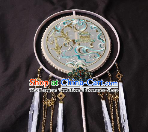 China Handmade Palace Fan Classical Wedding Bride Circular Fan Traditional Embroidered White Silk Hanfu Fan