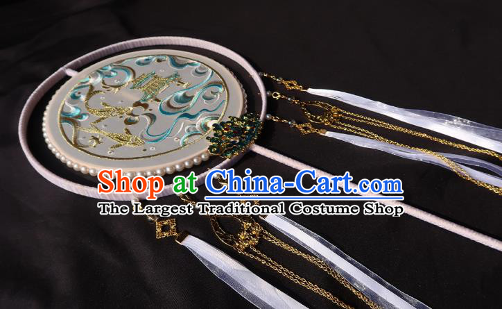 China Handmade Palace Fan Classical Wedding Bride Circular Fan Traditional Embroidered White Silk Hanfu Fan