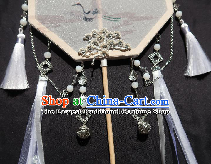 China Handmade Ink Painting Crane Palace Fan Classical Wedding Bride Fan Traditional Hanfu Silk Octagon Fan