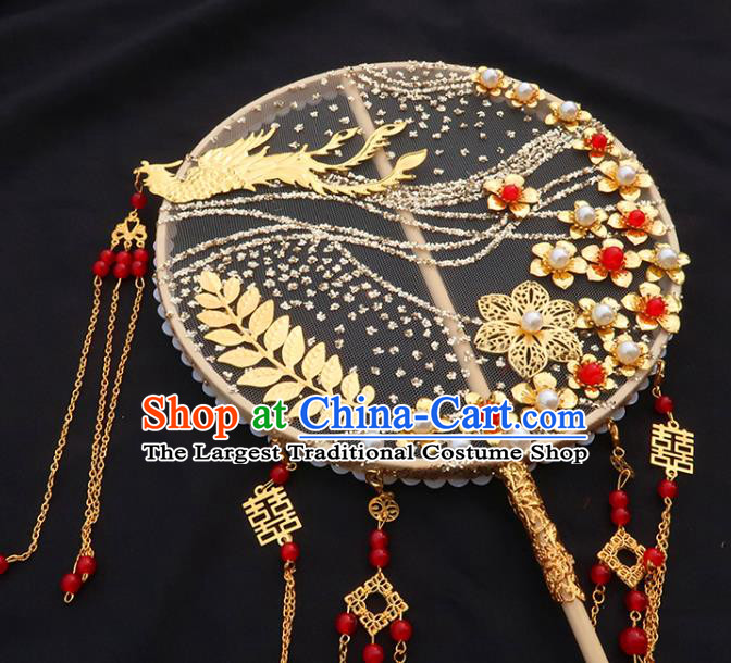 China Handmade Golden Phoenix Palace Fan Classical Wedding Bride Fan Traditional Hanfu Plum Blossom Circular Fan