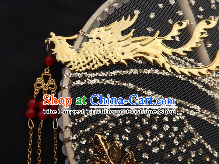 China Handmade Golden Phoenix Palace Fan Classical Wedding Bride Fan Traditional Hanfu Plum Blossom Circular Fan