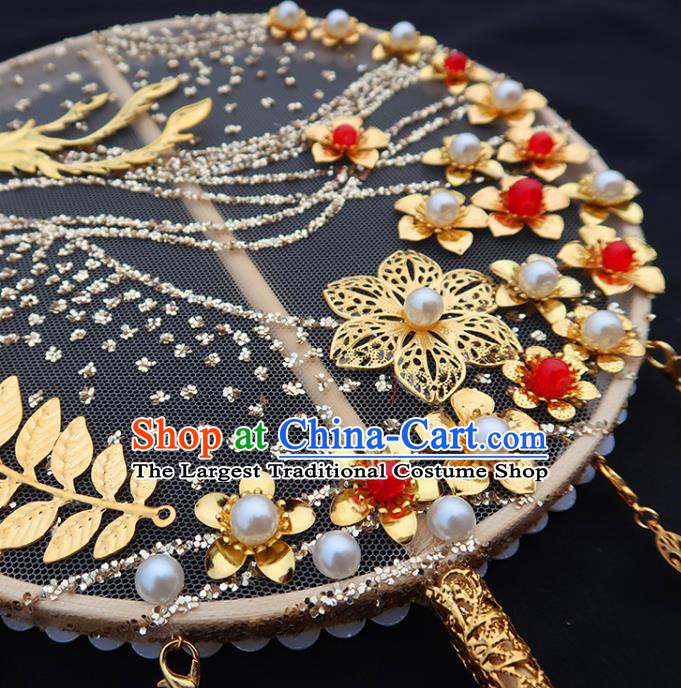 China Handmade Golden Phoenix Palace Fan Classical Wedding Bride Fan Traditional Hanfu Plum Blossom Circular Fan