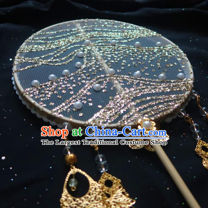 China Traditional Hanfu Circular Fan Handmade Golden Sachet Palace Fan Classical Princess Yellow Ribbon Tassel Fan