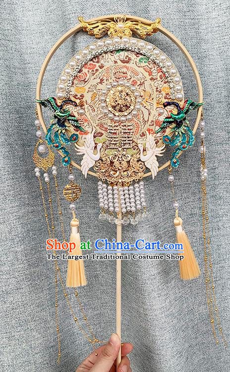 China Classical Champagne Fan Traditional Hanfu Pearls Circular Fan Handmade Blueing Phoenix Palace Fan