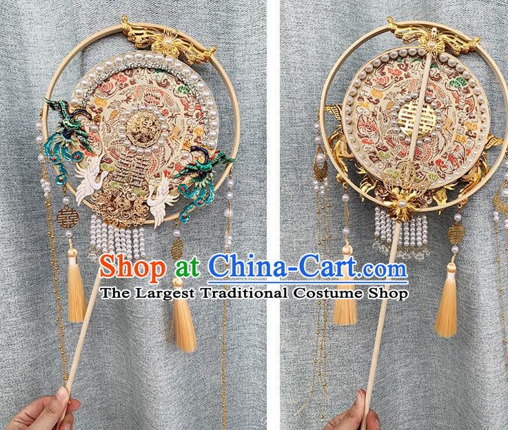 China Classical Champagne Fan Traditional Hanfu Pearls Circular Fan Handmade Blueing Phoenix Palace Fan