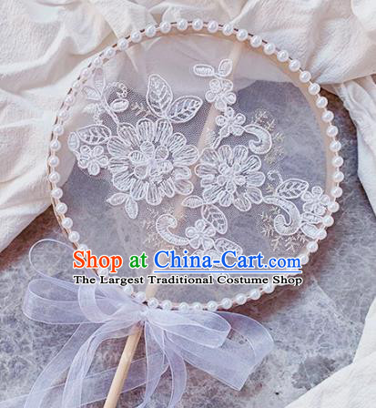 China Classical Lace Flowers Circular Fan Handmade Palace Fan Traditional Hanfu Silk Fan