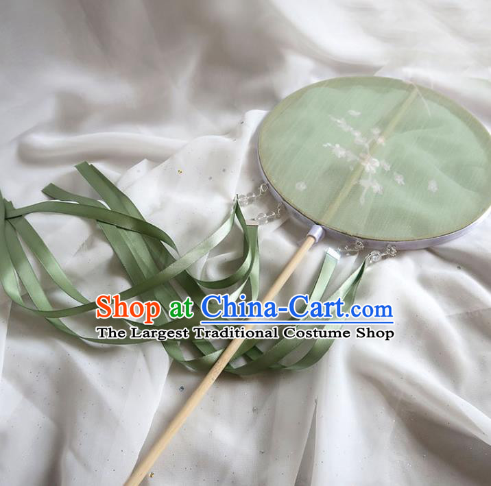 China Traditional Hanfu Light Green Circular Fan Handmade Printing Palace Fan Classical Princess Fan