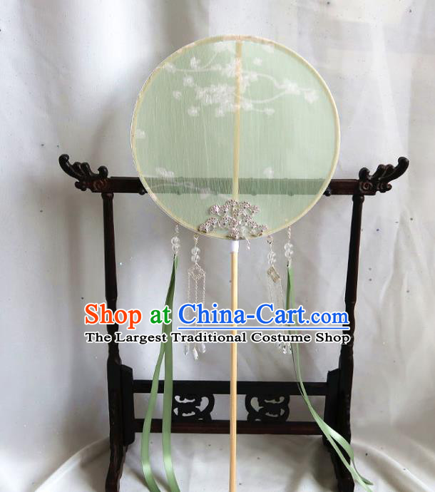 China Traditional Hanfu Light Green Circular Fan Handmade Printing Palace Fan Classical Princess Fan