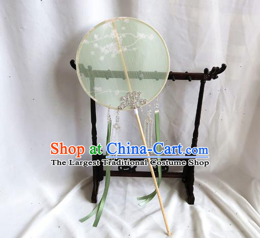 China Traditional Hanfu Light Green Circular Fan Handmade Printing Palace Fan Classical Princess Fan