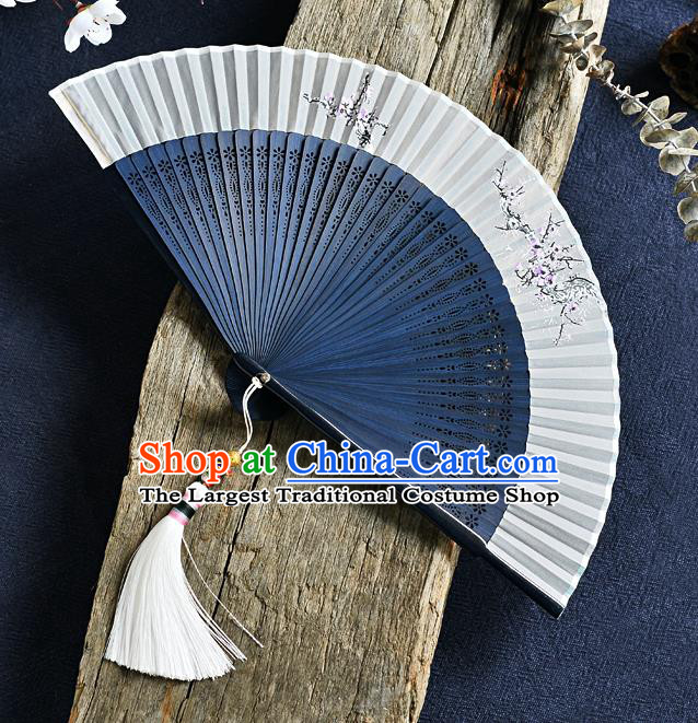 Handmade Chinese Blue Bamboo Fans Painting Plum Blossom Folding Fan Accordion Fan