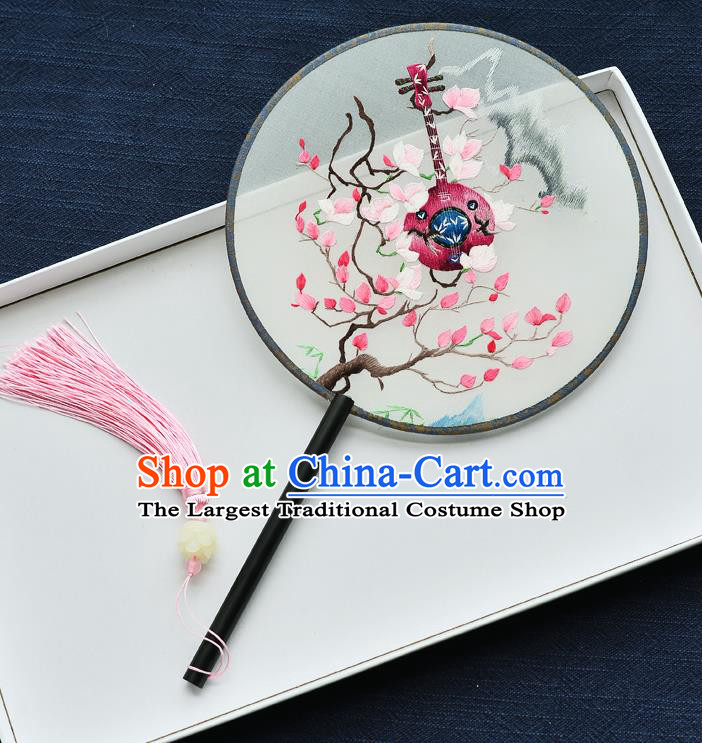 China Handmade Ebony Palace Fan Classical Dance Circular Fan Traditional Embroidered Lute Silk Fan