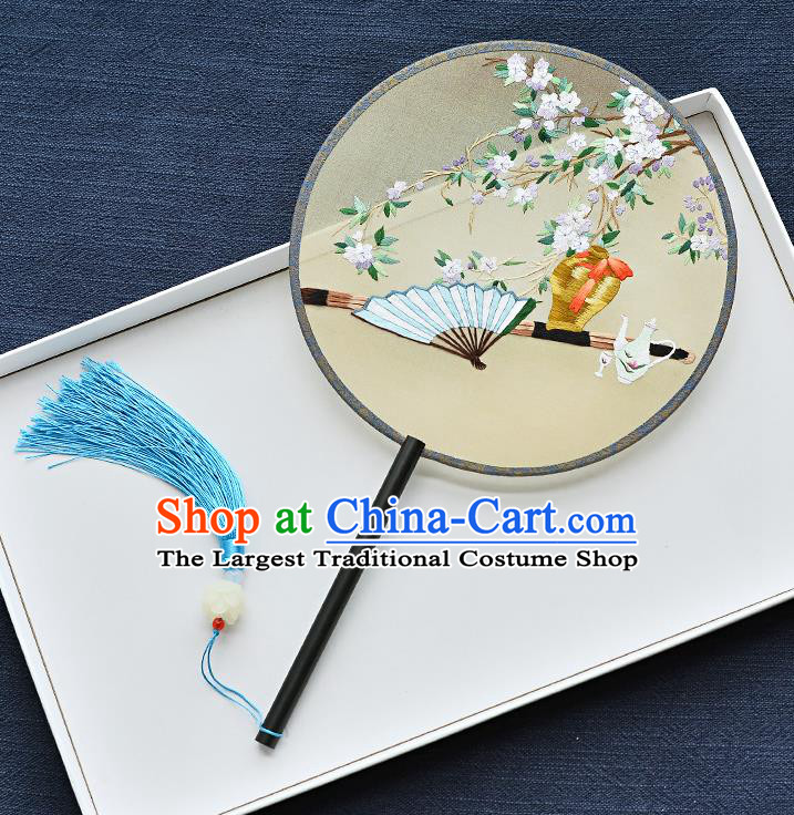 China Classical Dance Circular Fan Handmade Ebony Palace Fan Traditional Embroidered Pear Blossom Yellow Silk Fan