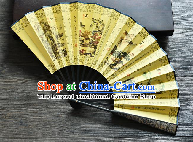 Handmade Chinese Carving Bamboo Fan Accordion Ink Painting Four Seasons Scenery Folding Fan Yellow Silk Fan