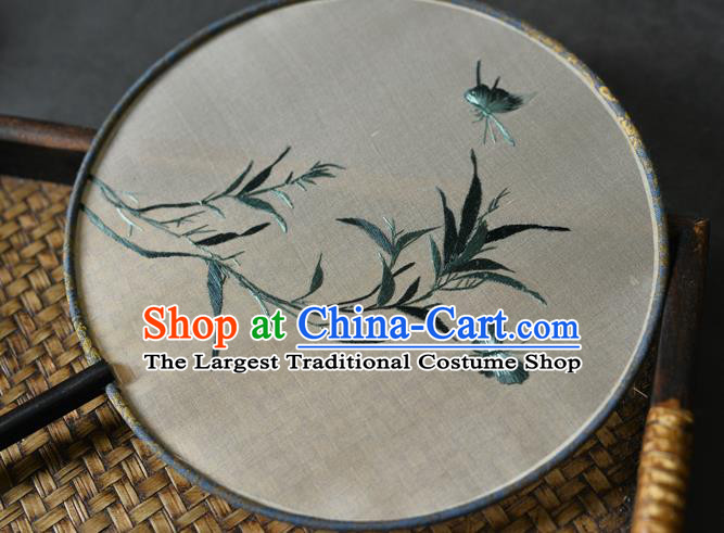 China Handmade Ebony Fan Classical Dance Silk Circular Fan Traditional Suzhou Embroidered Grass Butterfly Palace Fan