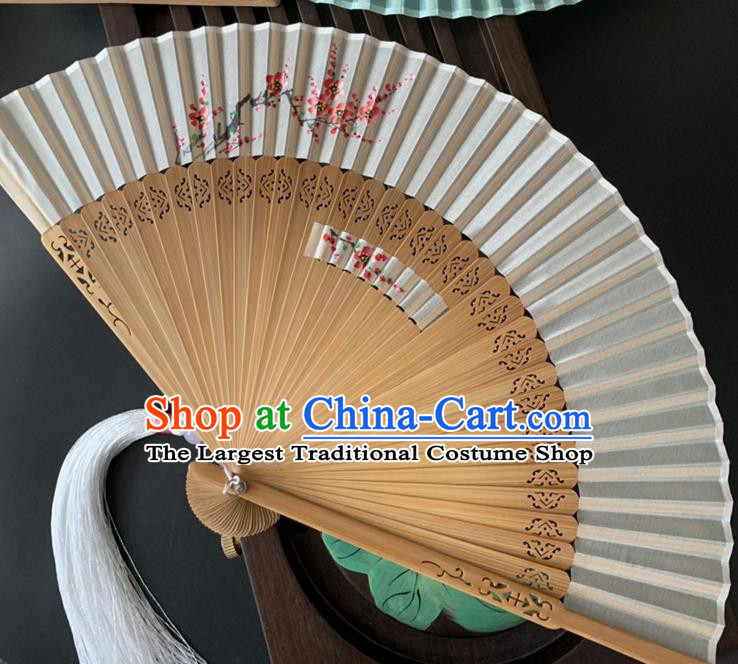 Chinese Printing Plum Blossom Folding Fan Handmade Hollowed Bamboo Fan Classical Dance White Silk Accordion