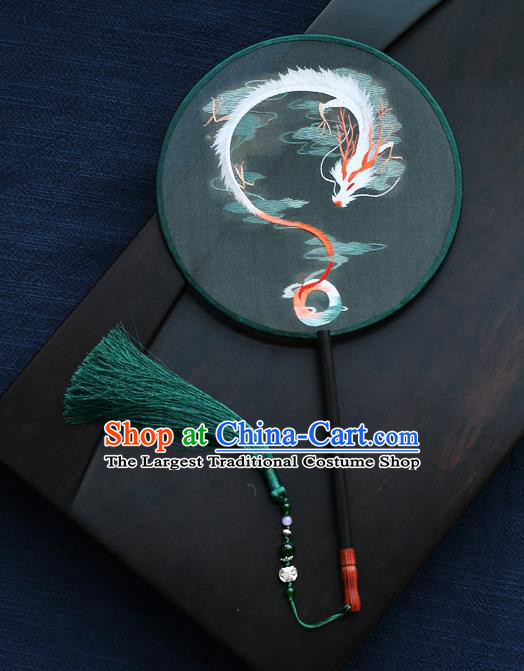 China Handmade Green Silk Fan Classical Dance Circular Fan Traditional Embroidered Dragon Palace Fan