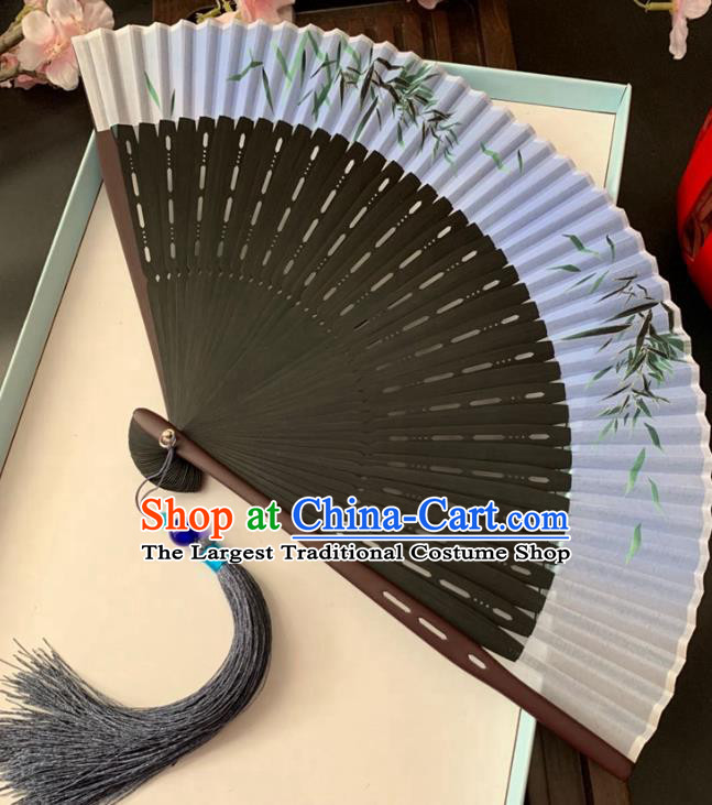 Chinese Printing Bamboo Leaf Folding Fan Handmade Hollowed Fan Classical Dance Silk Accordion