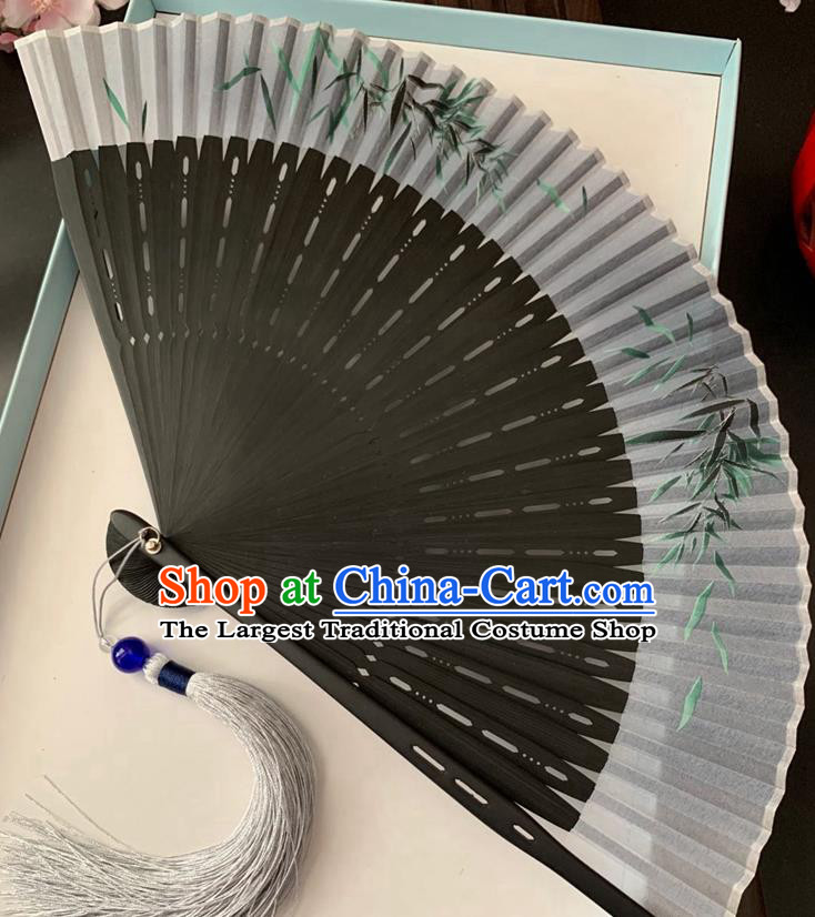 Chinese Classical Dance Grey Silk Accordion Printing Bamboo Leaf Folding Fan Handmade Hollowed Fan