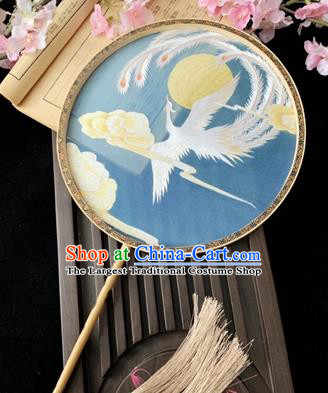 China Classical Embroidered Phoenix Circular Fan Dance Fans Handmade Palace Fan Traditional Hanfu Blue Silk Fan