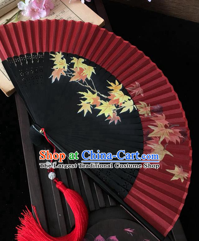 Chinese Handmade Bamboo Fan Printing Maple Leaf Folding Fan Classical Dance Red Silk Accordion Craft