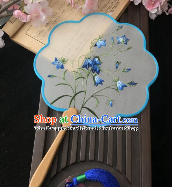 China Ancient Princess Palace Fan Handmade Traditional Hanfu Silk Fan Classical Embroidered Blue Flowers Fan