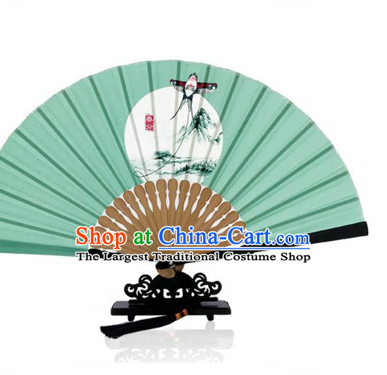 Handmade the Spring Equinox Accordion Chinese Printing Twenty Four Solar Terms Folding Fan Classical Dance Green Silk Fan
