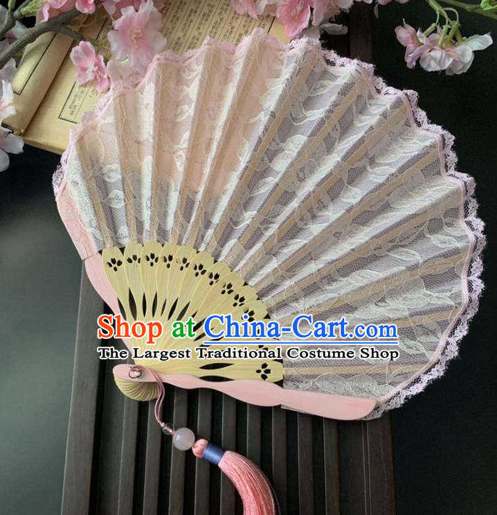 Japan Scallop Folding Fan Handmade Bamboo Fan Classical Dance Pink Lace Accordion