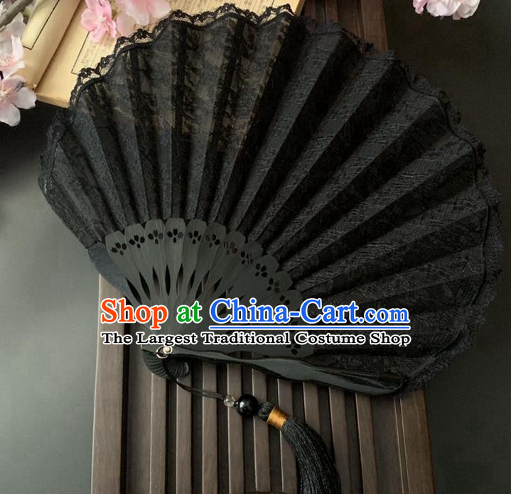Japan Handmade Bamboo Fan Classical Dance Black Lace Accordion Scallop Folding Fan