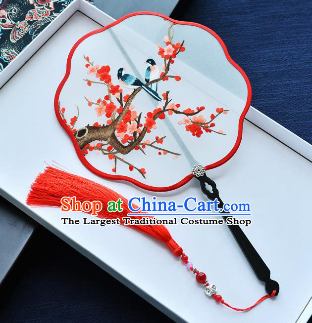 China Classical Dance Fan Traditional Embroidered Red Plum Blossom Palace Fan Handmade Silk Fan