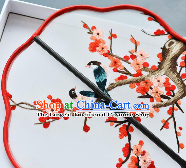 China Classical Dance Fan Traditional Embroidered Red Plum Blossom Palace Fan Handmade Silk Fan