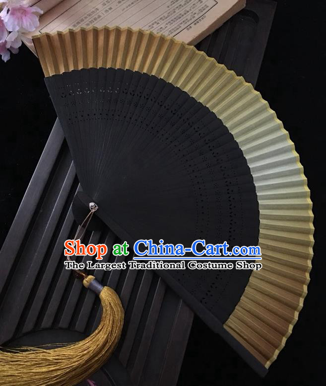 Chinese Black Bamboo Fan Handmade Accordion Golden Silk Folding Fan