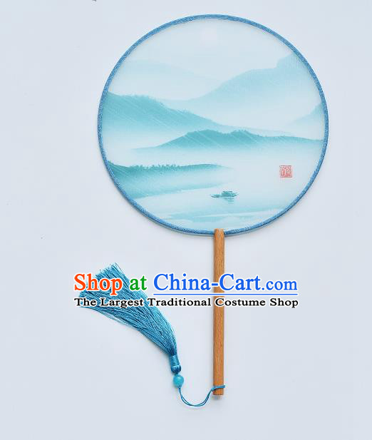 China Classical Dance Blue Silk Fan Traditional Printing Palace Fan Handmade Beech Fan