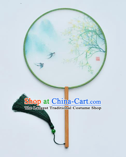 China Handmade Beech Fan Classical Dance Light Green Silk Fan Traditional Printing Swallow Palace Fan
