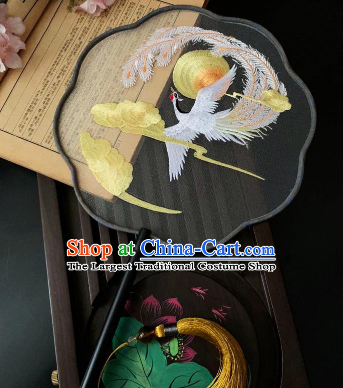 China Classical Dance Fan Traditional Embroidered Phoenix Palace Fan Handmade Black Silk Fan