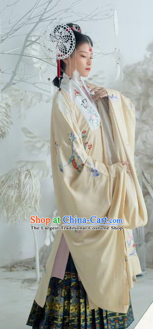 Traditional China Ming Dynasty Noble Lady Historical Clothing Ancient Patrician Beauty Hanfu Apricot Embroidered Cloak