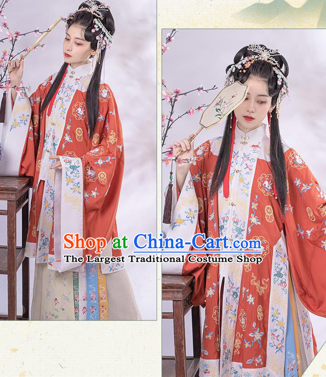 Traditional China Ancient Court Beauty Red Hanfu Dress Embroidered Apparels Ming Dynasty Patrician Lady Historical Clothing