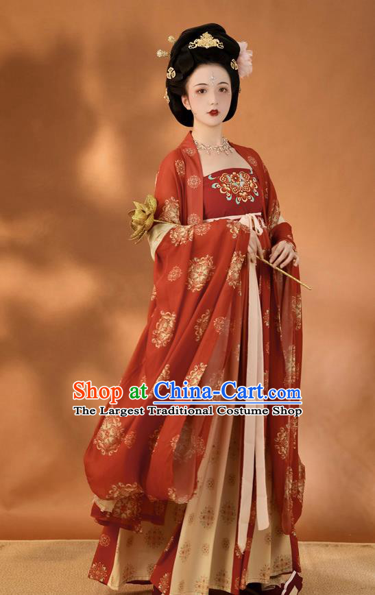 China Ancient Imperial Consort Red Hanfu Dress Traditional Tang Dynasty Court Woman Historical Clothing